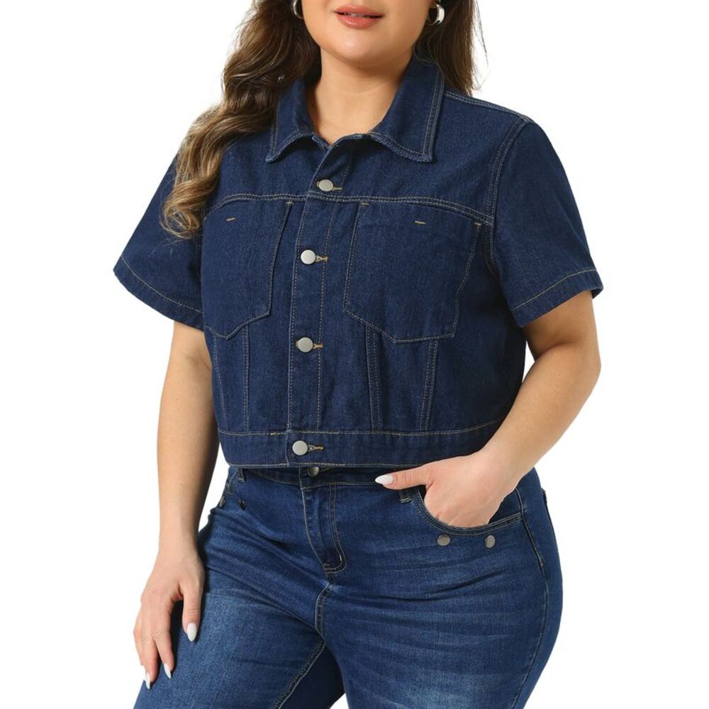Women's Plus Size Short Sleeve Button Cropped Denim Jackets Dark Blue - Picture 2 of 5
